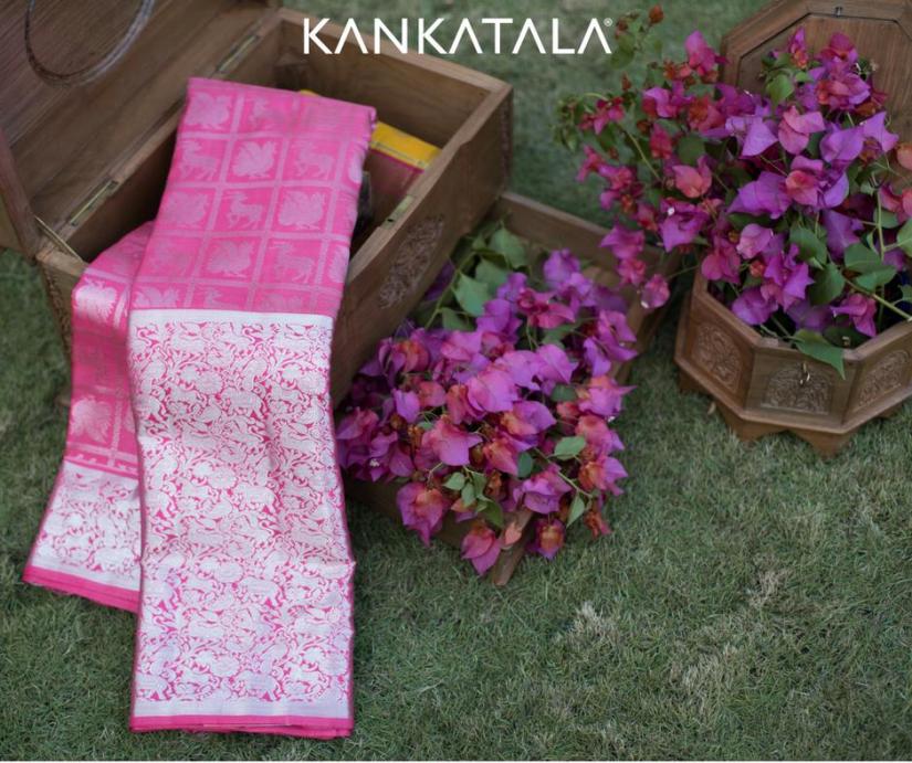 Pink Silver zari Kanchipuram saree from Kankatala